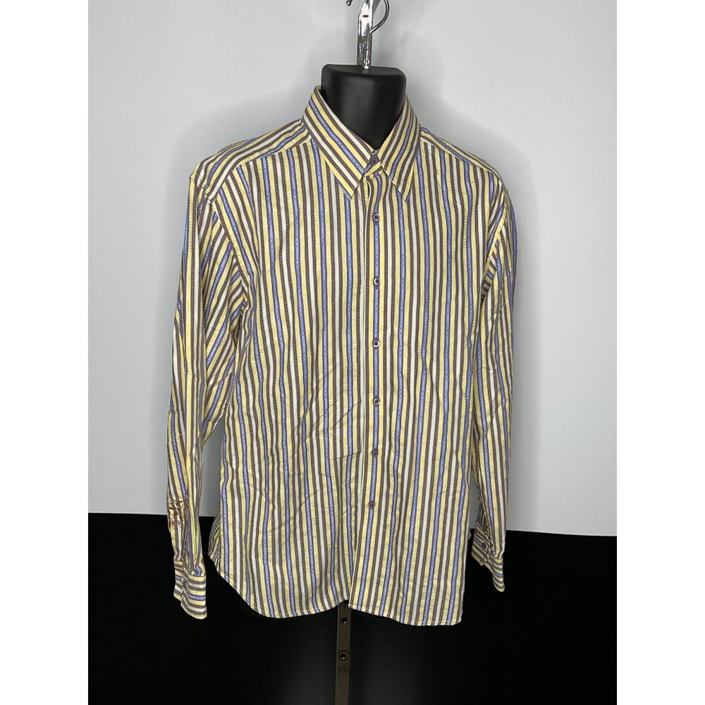 Large Robert Graham yellow blue stripes embroidered cuff L/S dress shirt